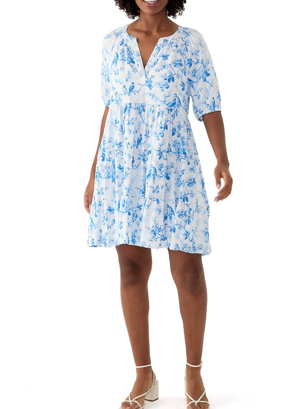 NWOT Women’s Blue Toile Peasant Split Neck Dress